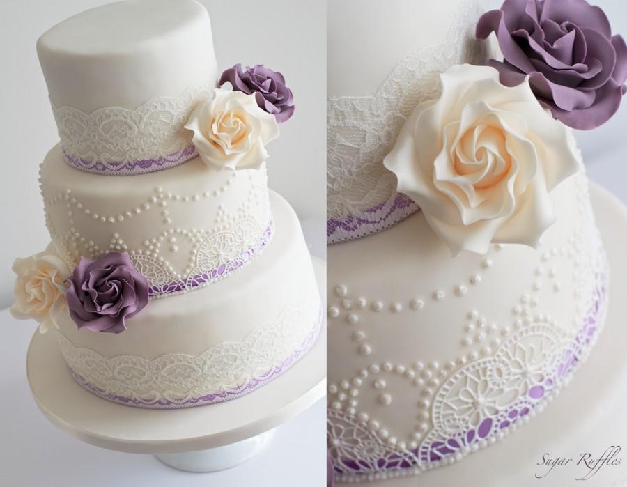 Wedding - Ivory And Purple Wedding Cake- Vintage Lace & Pearl Piping