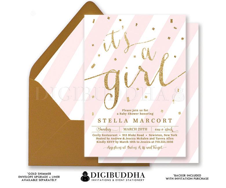 Mariage - Girl BABY SHOWER INVITATION Pink & Gold Stripe Printable Baby Shower Invite Gold Glitter Its A Girl Calligraphy Free Shipping or DiY- Stella