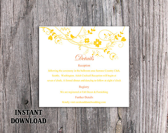 Mariage - DIY Wedding Details Card Template Editable Word File Instant Download Printable Details Card Yellow Details Card Elegant Information Cards