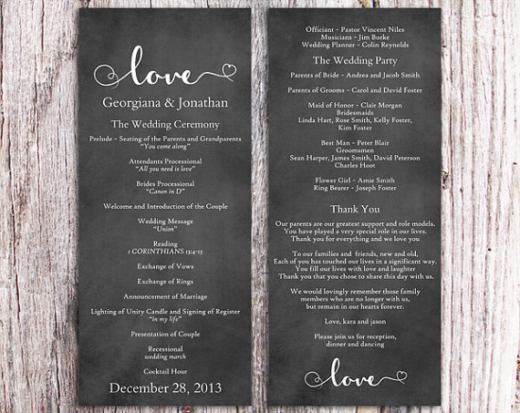 Свадьба - Chalkboard Wedding Program Template DIY Editable Word File Download Black & White Program Heart Program Printable Wedding Program 4x9.25