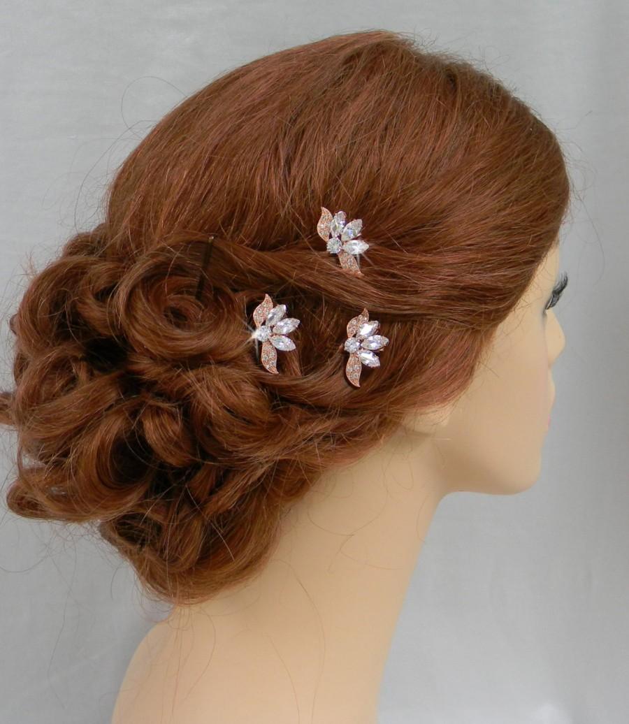 Wedding - Rose Gold Hair Clips, Rose Gold Wedding Hair pins, Leaf style hairpins, Crystal hair comb, Rhinestone, Little Leaf Hair Pins