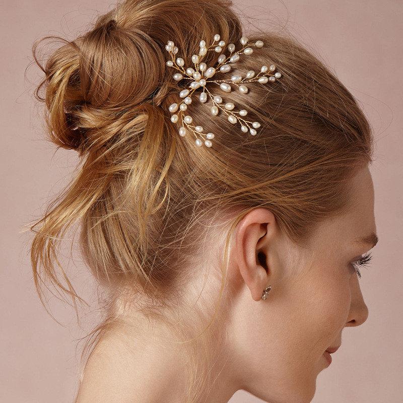 Wedding - bridal hair pin, spray pearl freshwater, gold or silver wire, leaf bud pearls, wedding accessory, bride hair pin, bride pearl hair accessory