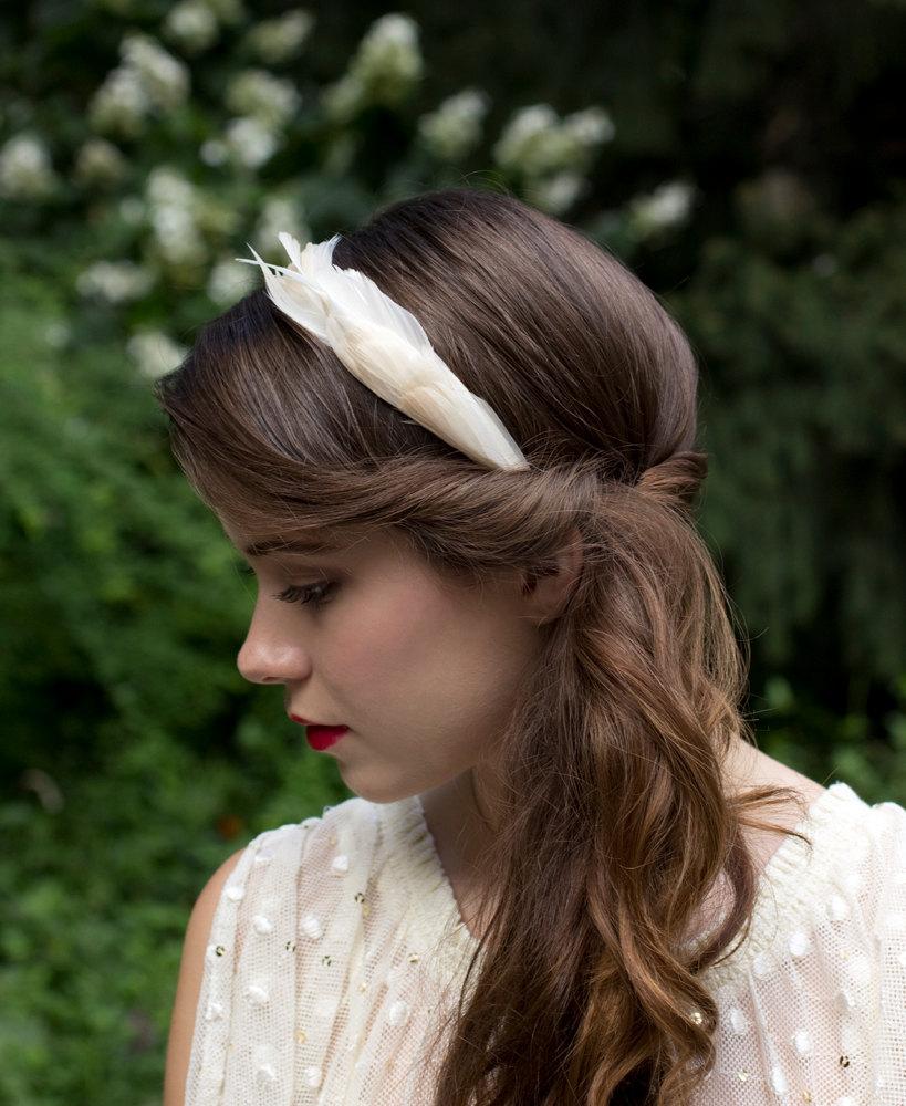 زفاف - Elegant Ivory Cream Goose Feather Wedding Headband Fascinator