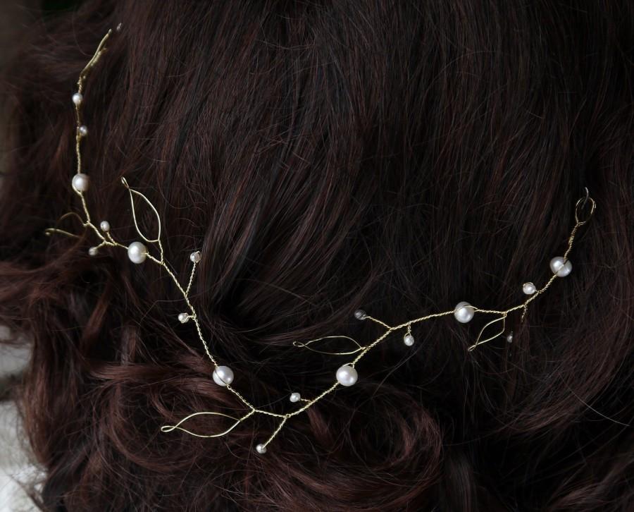 زفاف - pearl hair vine - gold leaves and ivory freshwater pearls bridal wedding Grecian hair garland