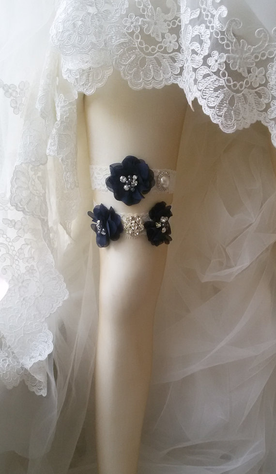 Mariage - Wedding Garter, Wedding leg garter, Wedding , Bridal accessoary, Dark blue wedding garter, Chiffon Flower Rhinestone Lace Garters