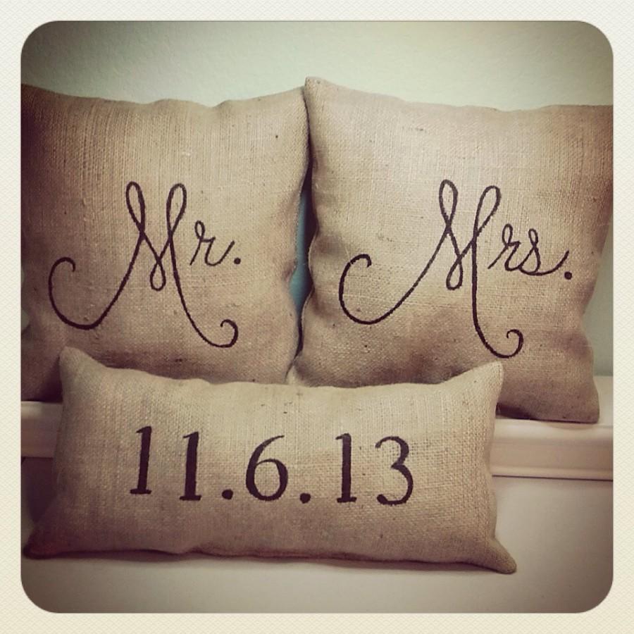 Wedding - Mr. & Mrs. Burlap (Stuffed) Pillows with Date