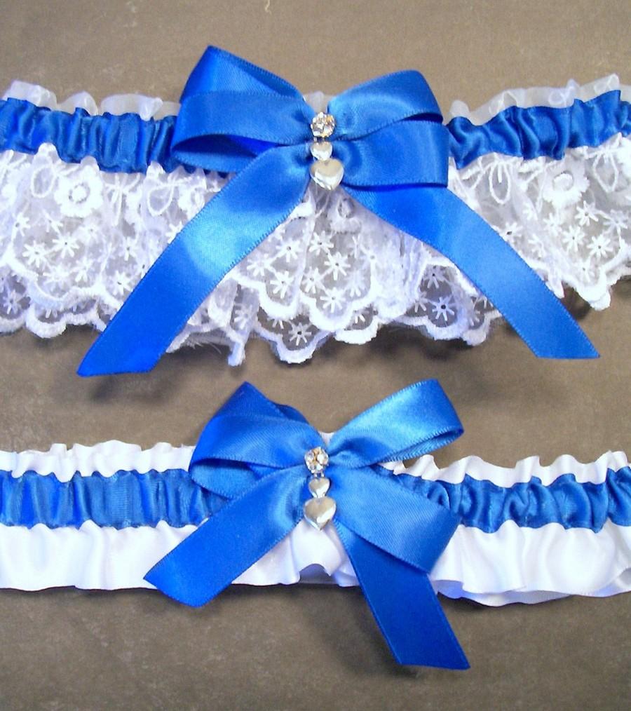 Mariage - Royal Blue on White Wedding Garter Set Bridal Garter Set, Keepsake Garter Toss Garter ~ Double Loop Bow, Hearts Charm ~ Allison Line
