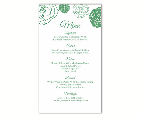Mariage - Wedding Menu Template DIY Menu Card Template Editable Text Word File Instant Download Green Floral Menu Template Rose Printable Menu 4x7inch