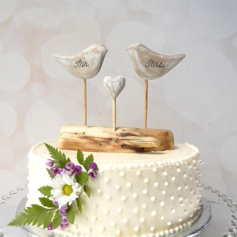 Wedding - His Her Wedding Cake Topper,  Rustic Cake Topper, Wood Cake Topper, Mrs/ Mr Topper with Love Birds