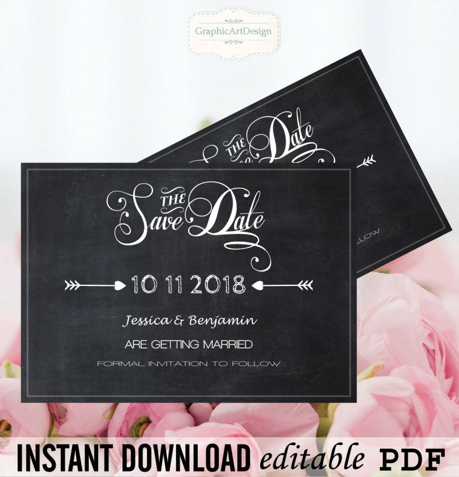 Свадьба - Chalkboard Save-the-Date Editable PDF - 5x7 Calligraphy Handlettered Typography Printable Download - Adobe Reader Format - DIY You Print