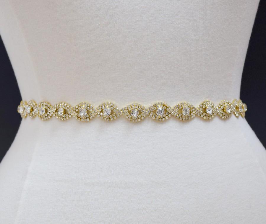 Mariage - Thin Gold Crystal Rhinestone Belt -  gold Bridal Belt or Bridesmaids Belt - Thin Belt - Gold Bridesmaid Belt - Gold Headband EYM B036
