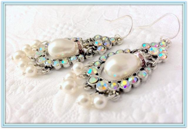 Hochzeit - Bridal Chandelier Earrings, Antique Silver and Rhinestone Encrusted, Wedding Jewelry, STERLING SILVER, AAA White Swarovski Teardrop Pearls