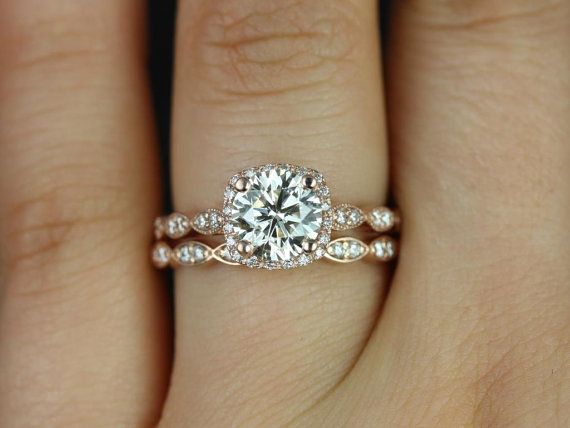 Mariage - Christie 7mm 14kt Rose Gold FB Moissanite And Diamond Halo WITH Milgrain Wedding Set (Other Metals And Stone Options Available)