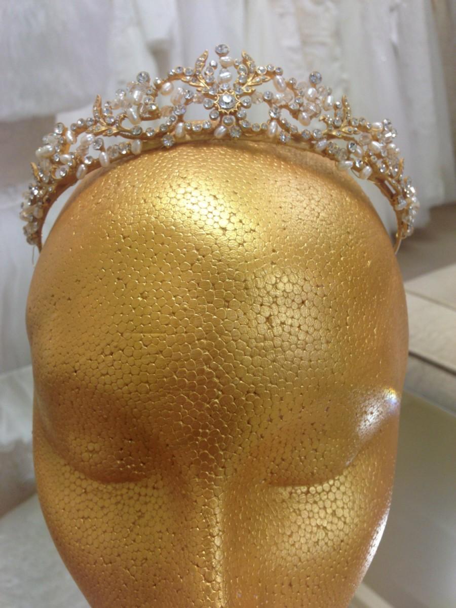 Mariage - Gold Crystal & Faux Pearl Crown Wedding Tiara