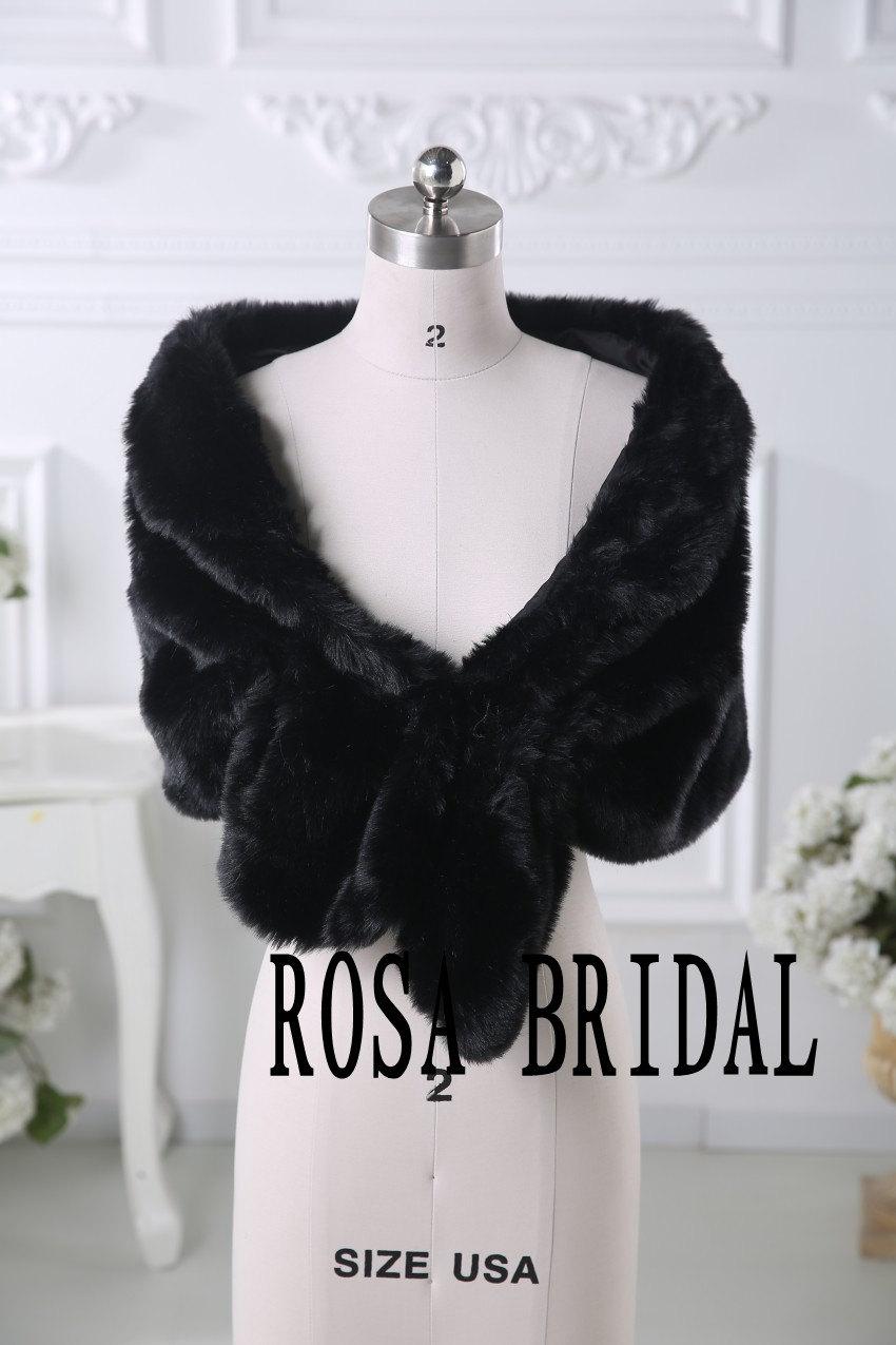 Mariage - Black faux fur wedding wrap shrug stole shawl cape bridal faux fur wrap Custom size