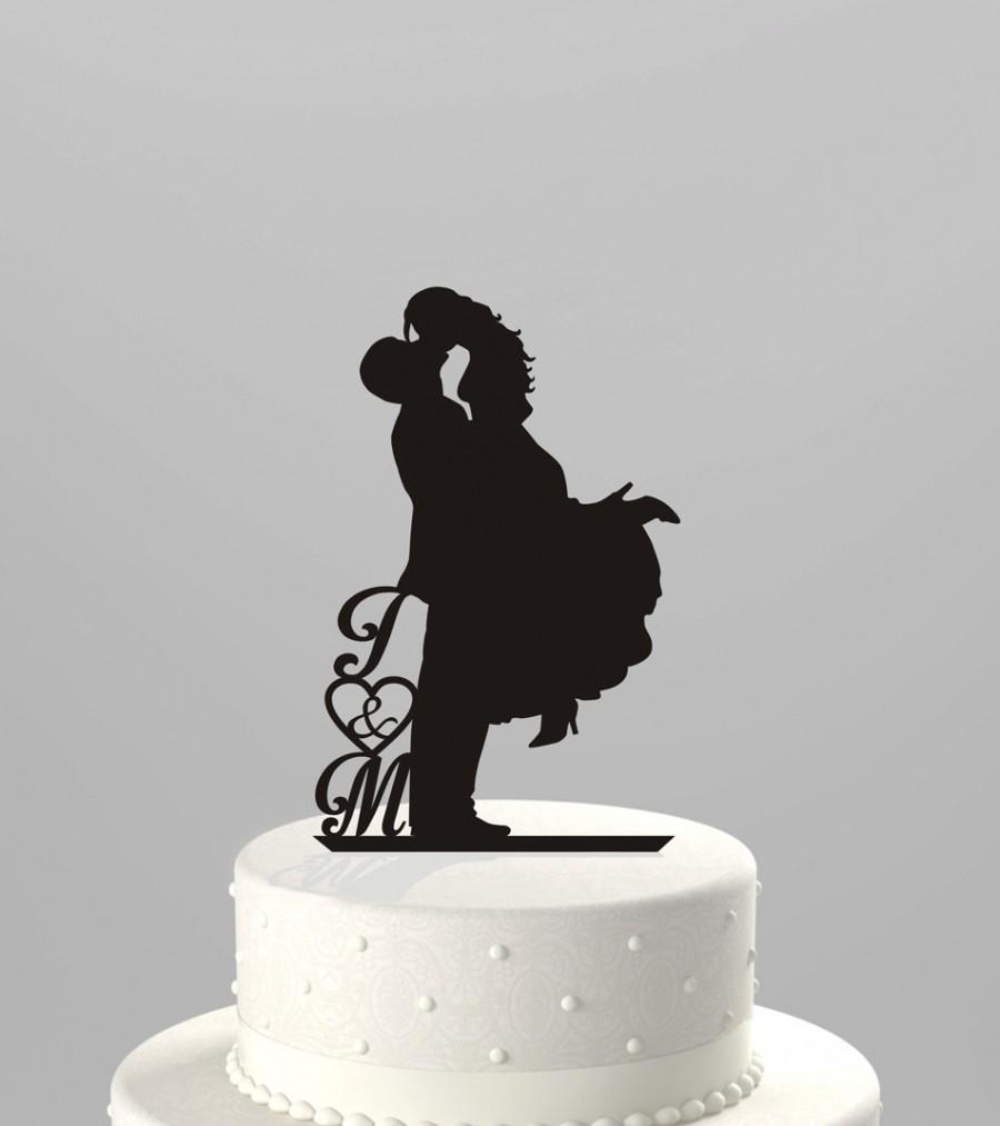 زفاف - Wedding Cake Topper Silhouette with Couples initials, Acrylic Cake Topper [CT18d]
