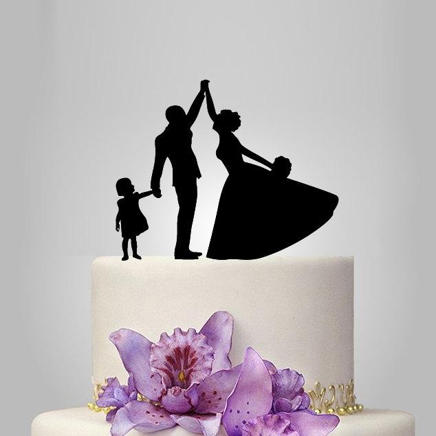 Mariage - bride and groom with girl wedding cake TOPPER, family wedding cake topper, unique funny cake topper, unique cake topper, custom topper