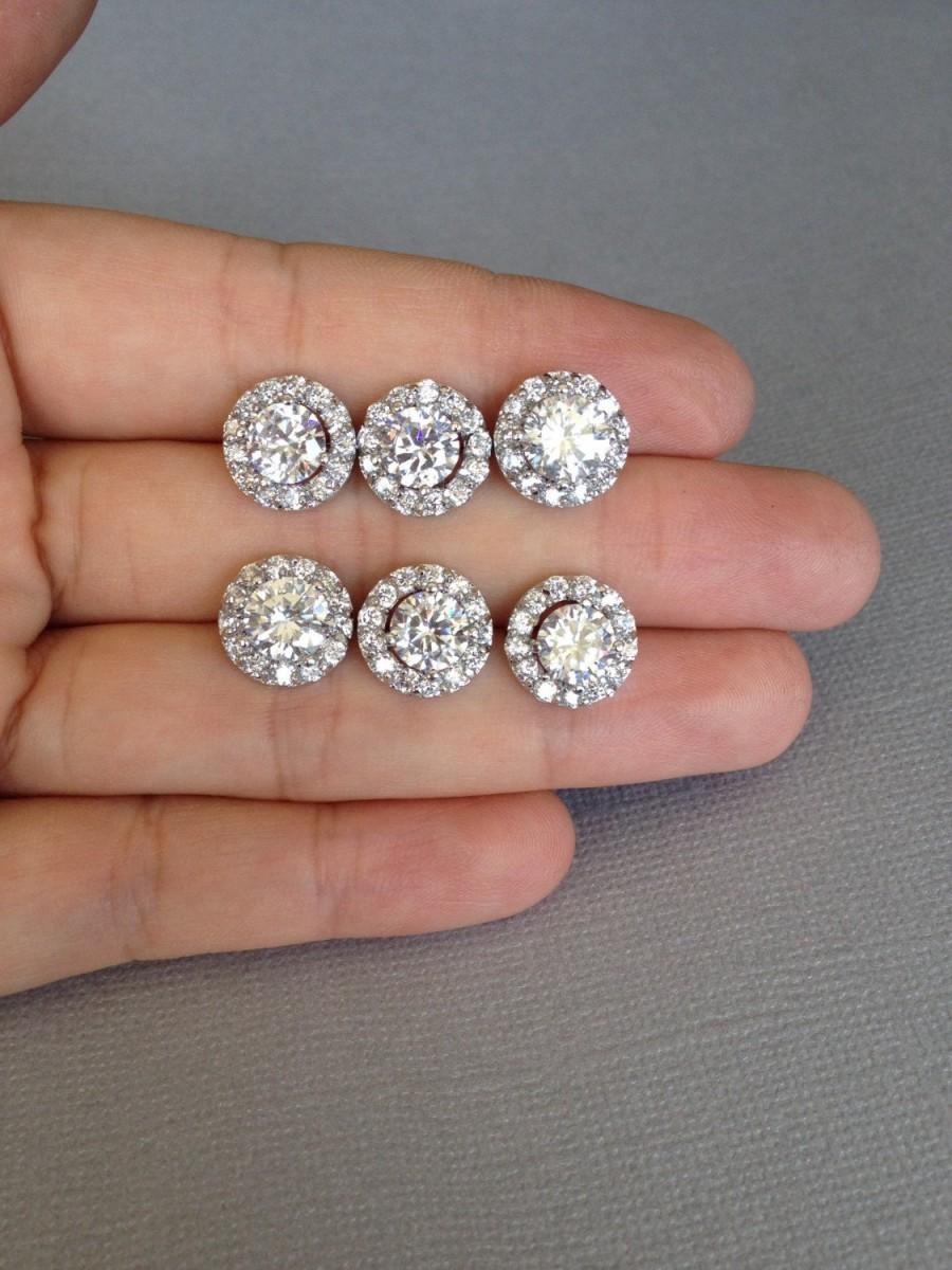 Mariage - Pair of 2 - 7 bridesmaid earrings, cz earrings, wedding jewelry, stud, bridal jewelry, wedding earrings, bridal earrings, bridesmaid earring