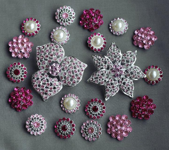 Mariage - 20 Pink Rhinestone Button Brooch Assorted Embellishment Pearl Crystal Brooch Bouquet Supply Light Rose Fuchsia Hot Pink BT155