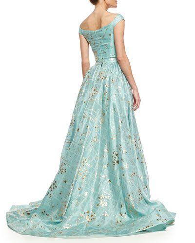 Mariage - Gold-Flecked Brushstroke-Print Overskirt Trumpet Gown