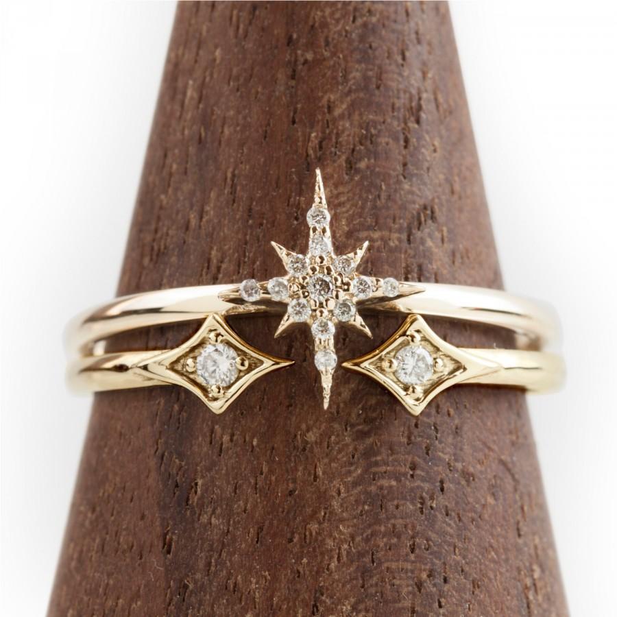 زفاف - Unique engagement ring set, 14k solid gold diamond ring, stacking ring, diamond cluster ring, starburst ring, rose gold engagement ring