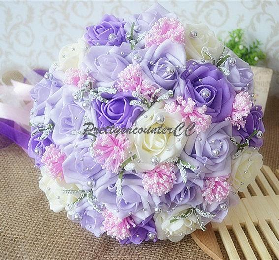Hochzeit - Lavender Wedding Bouquet Handmade Wedding Flowers Ivory Pink Roses Satin Ribbon Bridal Bouquet with Pearls and Jewels Bridesmaid Bouquet