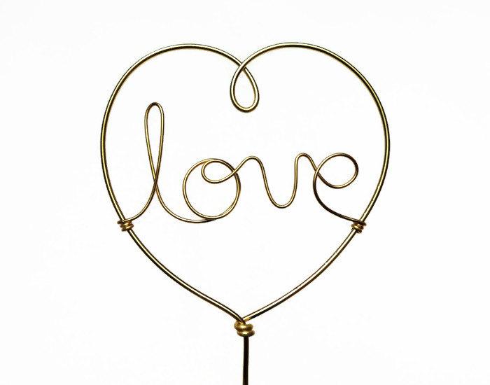 Wedding - Love Heart Wire Wedding Cake Topper Silver or Gold