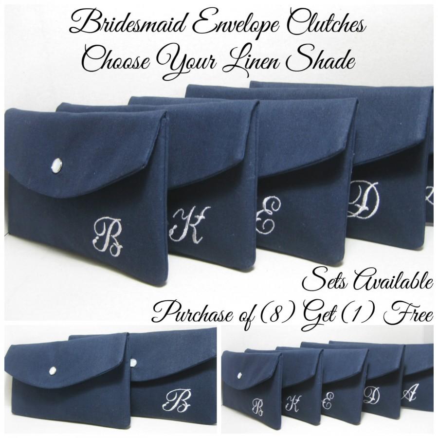 Wedding - Bridesmaid Clutches/ Jenna Envelope Clutch in Linen with Monogrammed Initial, Sets of 3,4,5,6,7,8 / Purchase 8 Get 1 FREE