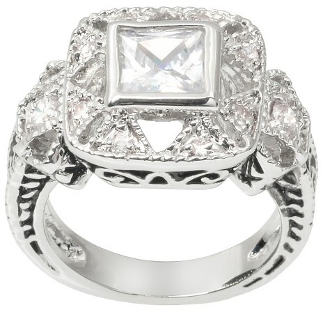 Wedding - Journee Collection 7/8 CT. T.W. Journee Collection Princess Cut CZ Bezel Set Filigree Bridal Ring in Brass - Silver