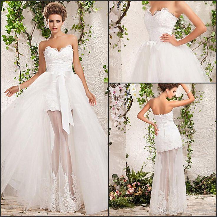 Mariage - Wedding Dress Uk  2015 Wedding Dresses A Line Floor Length Two In One Tulle Sweetheart And Strapless With Lace Appliques And Removable Train Ribbon Bow Th Wedding Dresses For Sale From Inweddingdress, $158.96