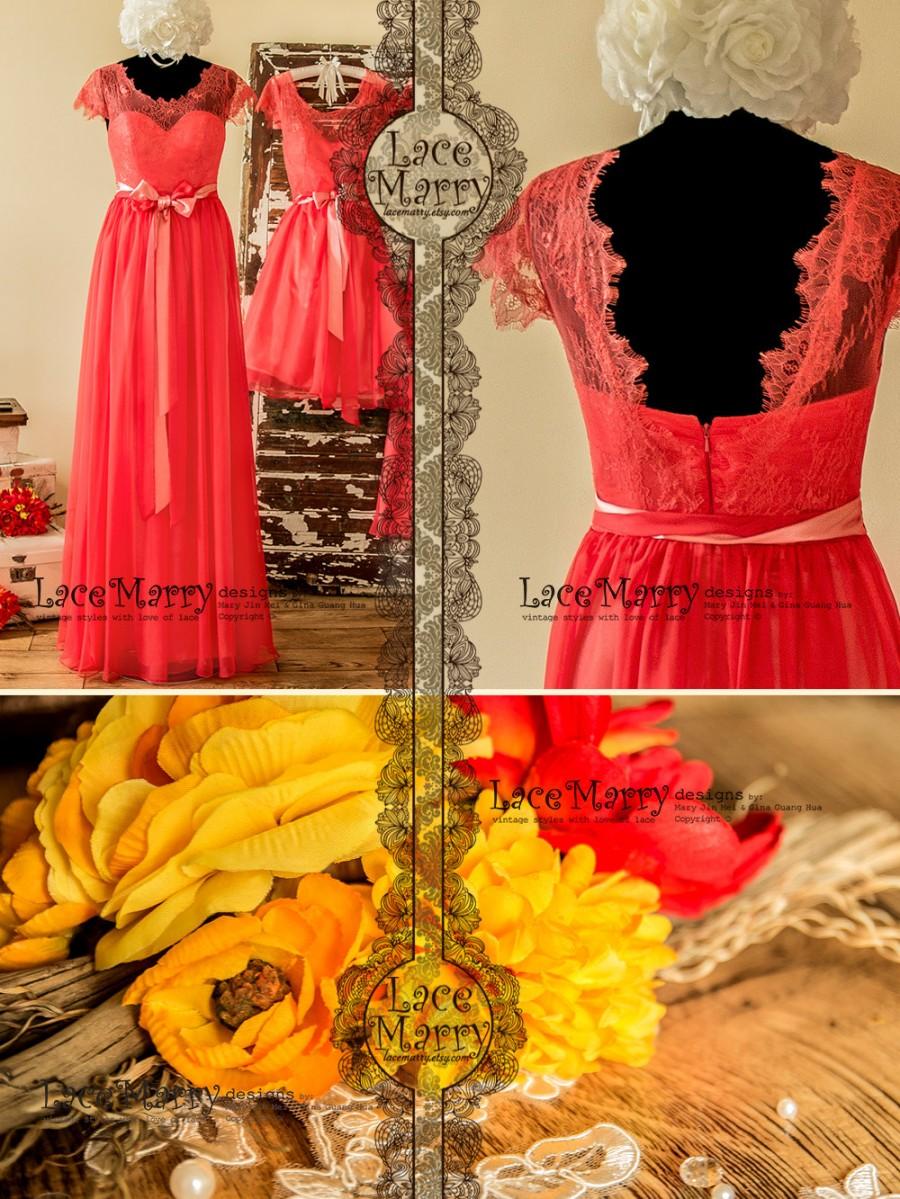 Свадьба - Bright Coral Bridesmaid Dress in Chantilly Lace and Silk Chiffon Featuring Illusion Sweetheart, Cap Sleeve and Satin Sash - Long Prom Dress
