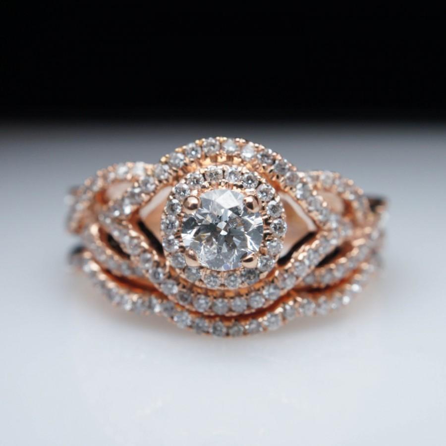 Hochzeit - Infiniti .83ctw Diamond Rose Gold Engagement Ring & Wedding Band Bridal Set Twist Bridal Set Wedding Band Wedding Ring Wide Intricate Style