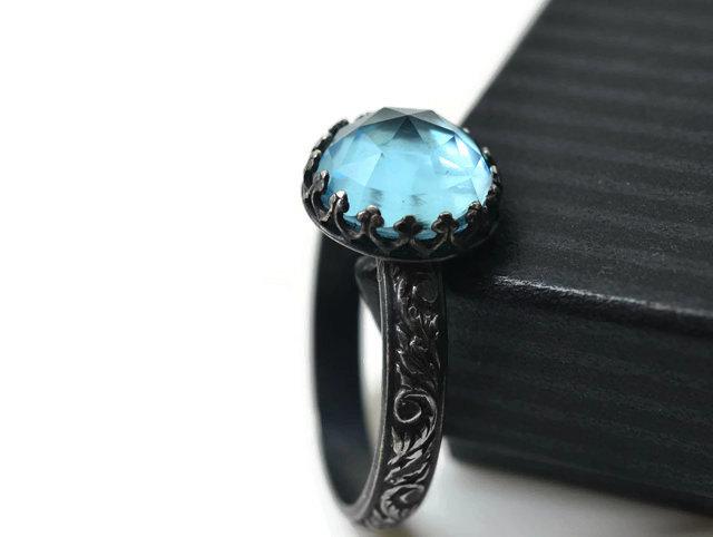 Wedding - Black Silver Ring, Sky Blue Gemstone Ring, Engagement Ring, Floral Silver Ring, 10mm Topaz Ring
