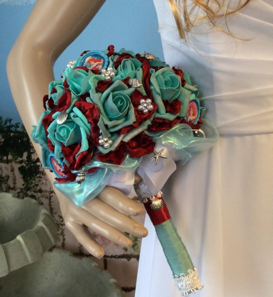 زفاف - Disney's "Little Mermaid" Wedding Bouquet-Beach Bridal Bouquet-Bridesmaid's Bouquet-Beach Bouquet-Red/Aqua "ARIEL'S" Beach Wedding Bouquet