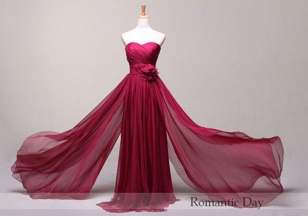 Wedding - Elegant Sweetheart Flower Tail A-Line Chiffon Long Evening Dresses/Grape Prom Dresses/Purple Evening Party Dress 2015