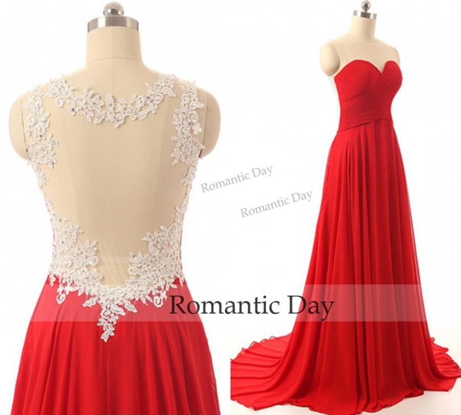 Wedding - Red Evening Dress Lace Prom Gowns Women Formal Dress Beads Appliques Sweep Train 2016 New Arrival Long Graduation Gowns 0554