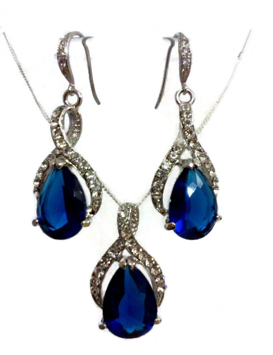 زفاف - Sapphire Blue Bridal Jewelry Set, Something Blue Necklace, Teardrop Earrings, Bridesmaid Jewelry, TWIRL