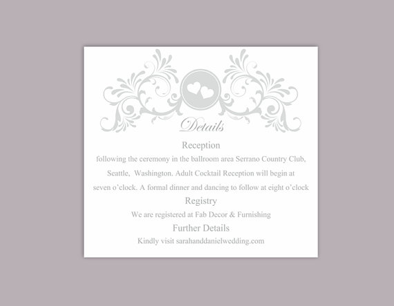 Hochzeit - DIY Wedding Details Card Template Editable Word File Download Printable Details Card Gray Silver Details Card Elegant Information Cards