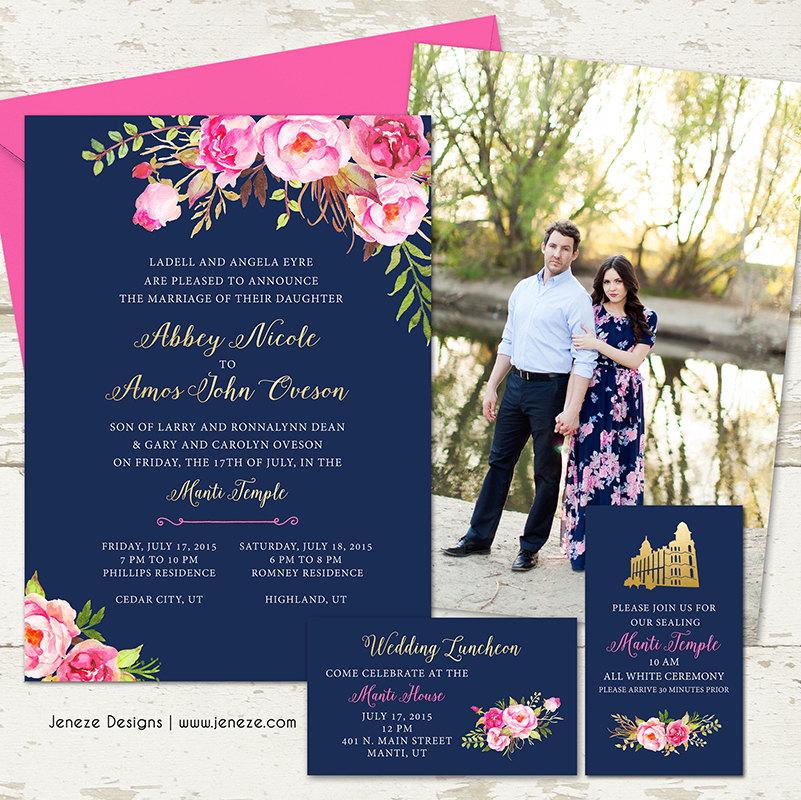 Mariage - Pink Floral Gold and Navy Wedding Invitation Set