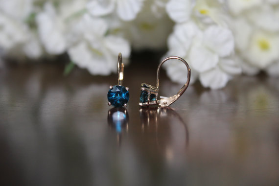 Wedding - 14k Yellow Gold 6mm London Blue Topaz Lever-Back Earrings - Gemstone Earrings - Birthstone - Anniversary Gifts for Women - Topaz Jewelry