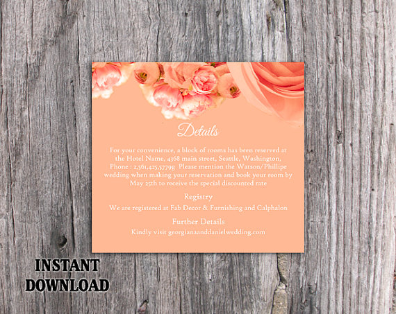 Hochzeit - DIY Wedding Details Card Template Editable Word File Download Printable Boho Details Card Peonies Details Card Pastel Peach Enclosure Card