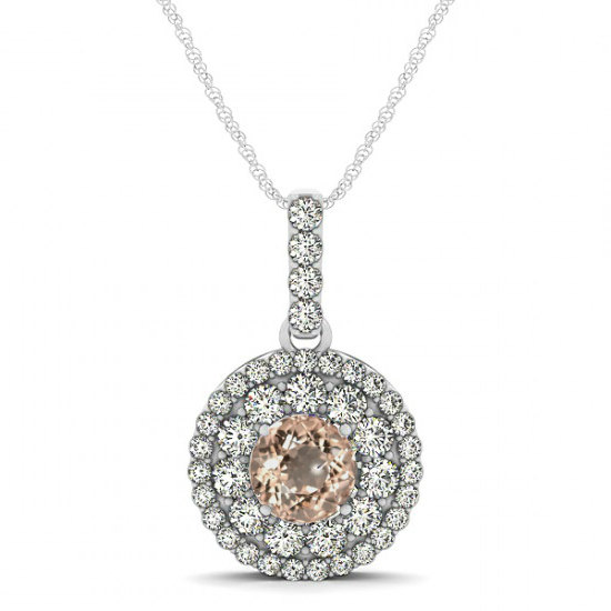 Hochzeit - Morganite Necklace - Mother's Day Gifts - Morganite & Diamond Double Halo Pendant Necklace - Anniversary Gifts for Women - Wedding Jewelry - Raven Fine Jewelers