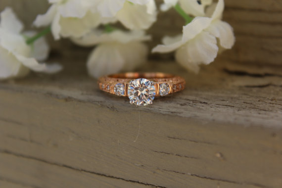 Wedding - 1 Carat Forever One Moissanite & Diamond Antique-Style Engagement Ring 14k Rose Gold - Diamond Engagement Rings for Women - Vintage Inspired