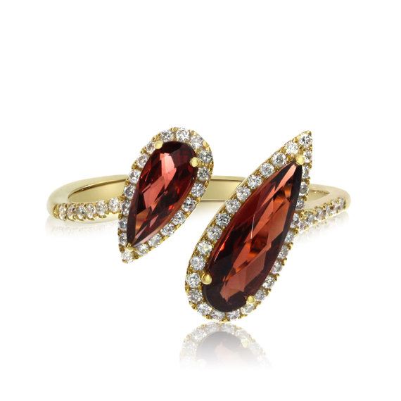 Wedding - Fashion Ring by Michael Raven - Raven Fine Jewelers - Pear-Shape Garnet and Diamond Halo Fashion Offset Ring 14k Yellow Gold - Gemstone Bypass Rings for Women - Anniversary Gifts for Her