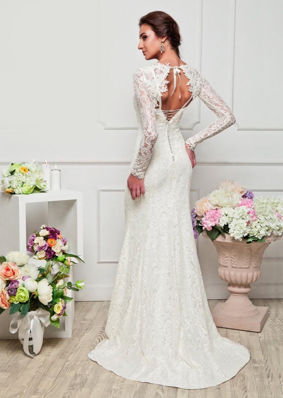 Mariage - Lace Wedding dress. Long White dress. long sleeve. FREE shipping.
