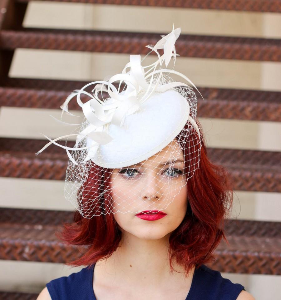 Wedding - Fascinator, White Fascinator with Veil, Womens Tea Party Hat, Church Hat, Derby Hat, Fancy Hat, Ivory Hat, wedding hat, British Hat