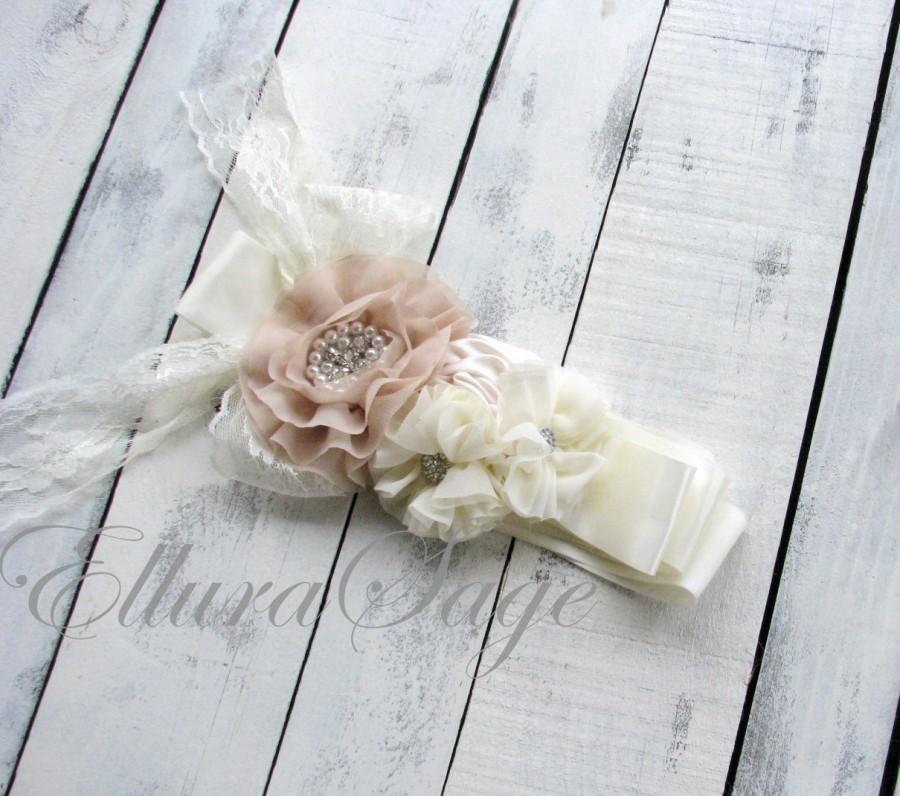 Hochzeit - Rustic Bridal Sash, Bridal belt, boho sash, Vintage bridal sash, champagne wedding sash, nude wedding sash, Flower girl sash, Maternity Sash
