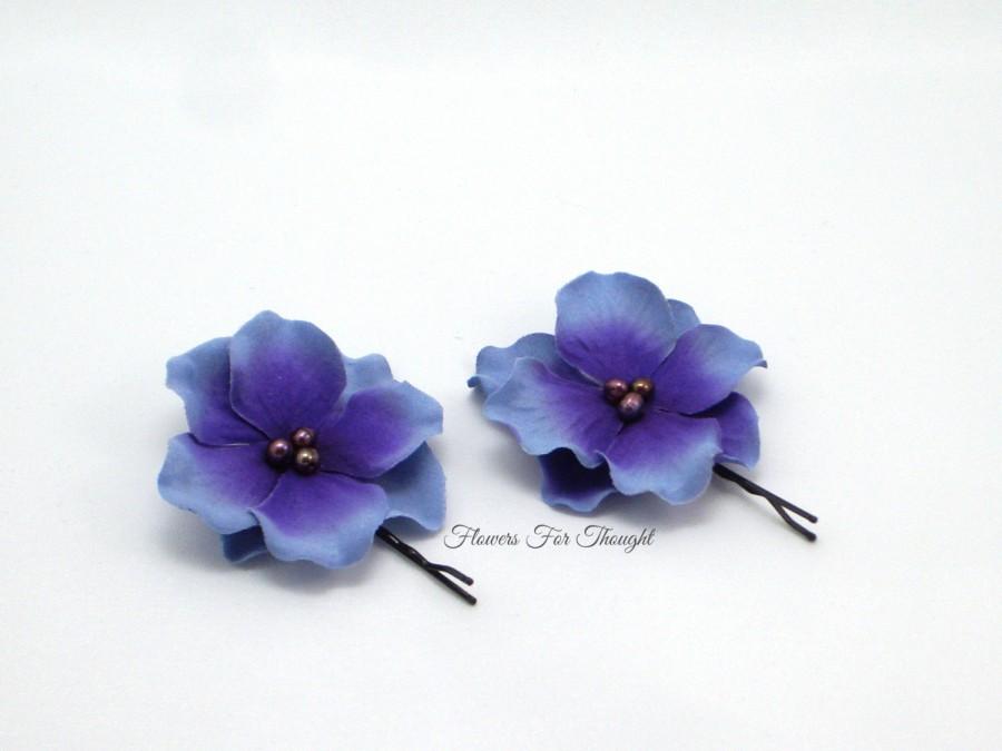 Wedding - Hydrangea Hairpins, FFT Original, Silk Flowers Double Blossoms Blue and Purple, Made to Order with Freshwater Pearls Bridal Hair Accessory