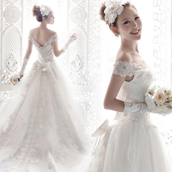 Wedding - Slit Neckline Long Trailing Wedding Dress
