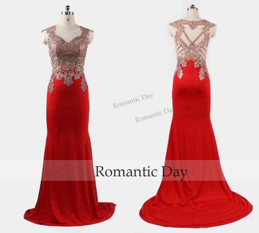 Mariage - Wonderful Red Mermaid Prom Dresses with Train Appliques 2016 Long Evening Gowns Lace Lady Dress 0532